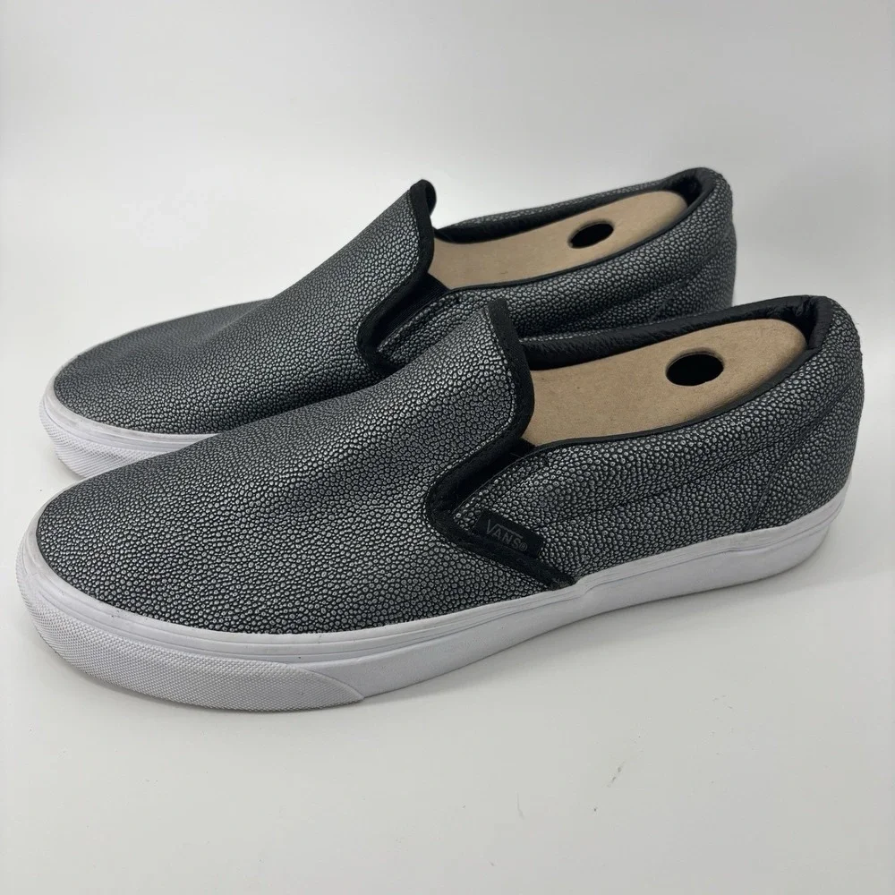 Vans Classic Slip On Shoes Womens 11 Mens 9.5 Embossed Silver Metallic Leather‎